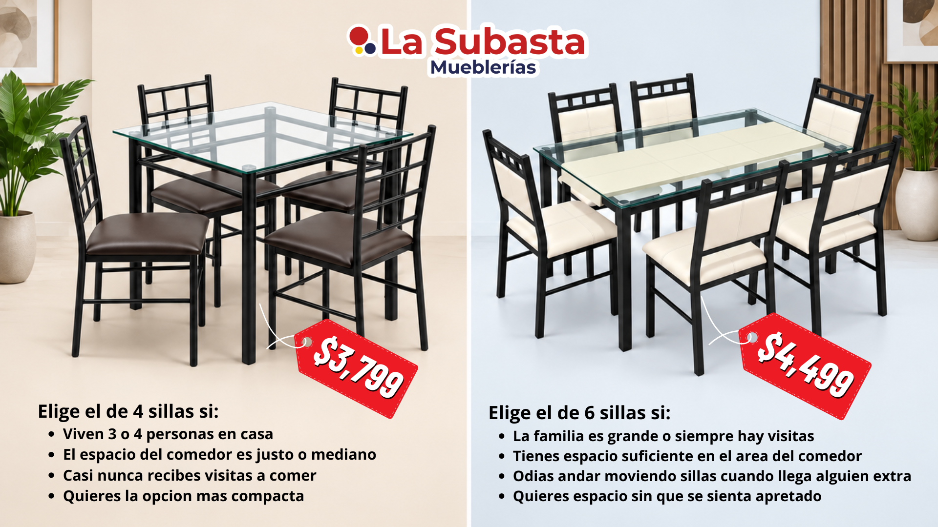 Comparación de comedor de 4 o 6 sillas